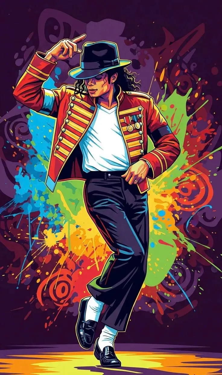 Retablo de madera decorativo con ilustración pop art de Michael Jackson bailando con su icónica chaqueta militar roja y sombrero fedora sobre fondo multicolor.