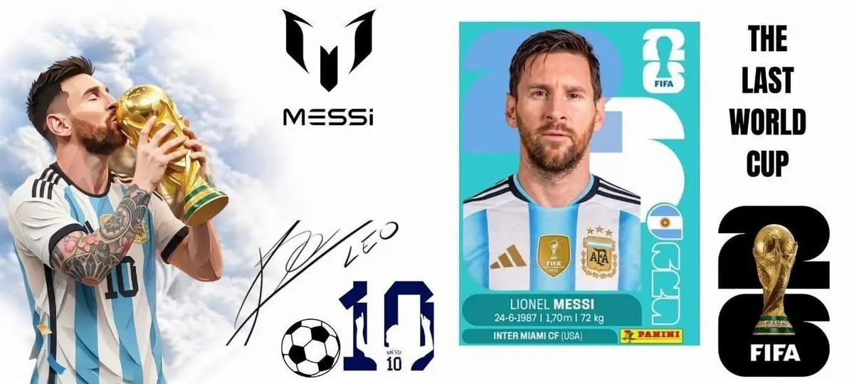 Plantilla de diseño para sublimación de mug con Lionel Messi besando la copa, firma y lámina coleccionable de fútbol.