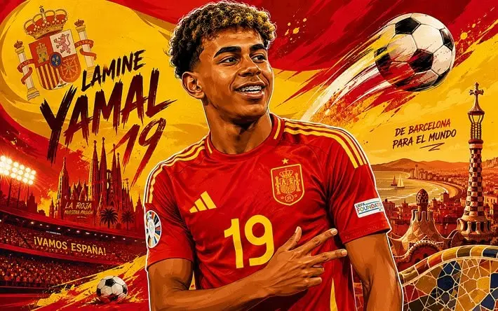 Vista frontal de un mug blanco con diseño ilustrado del futbolista Lamine Yamal con la camiseta de España para el Mundial 2026.