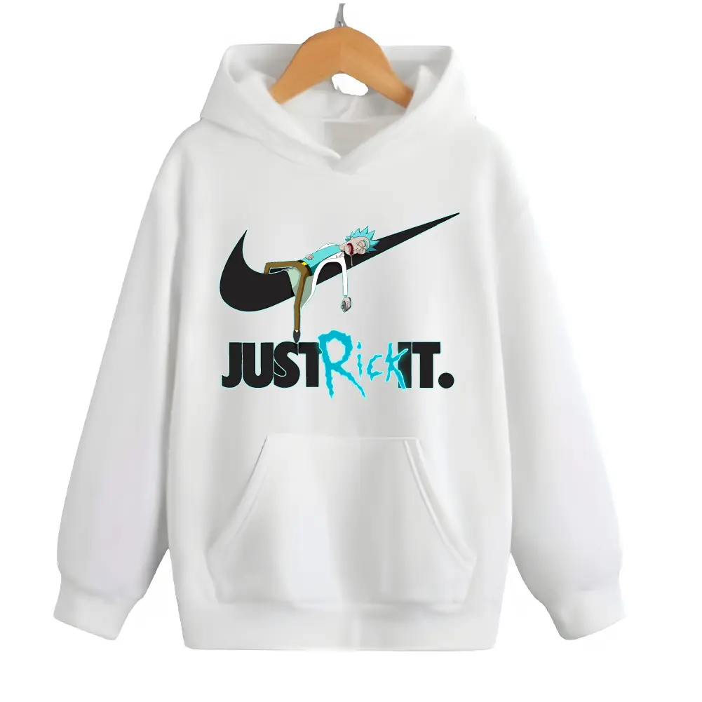 Hoodie blanco con capota estampado con la parodia de Rick de Rick y Morty sobre el logo de la marca deportiva y la frase Just Rick It.