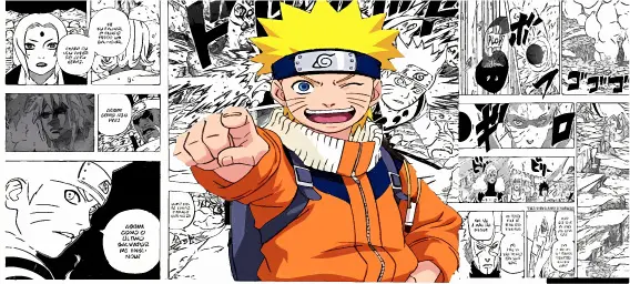 Mug blanco de cerámica estampado con Naruto Uzumaki a color y fondo de cómic manga.
