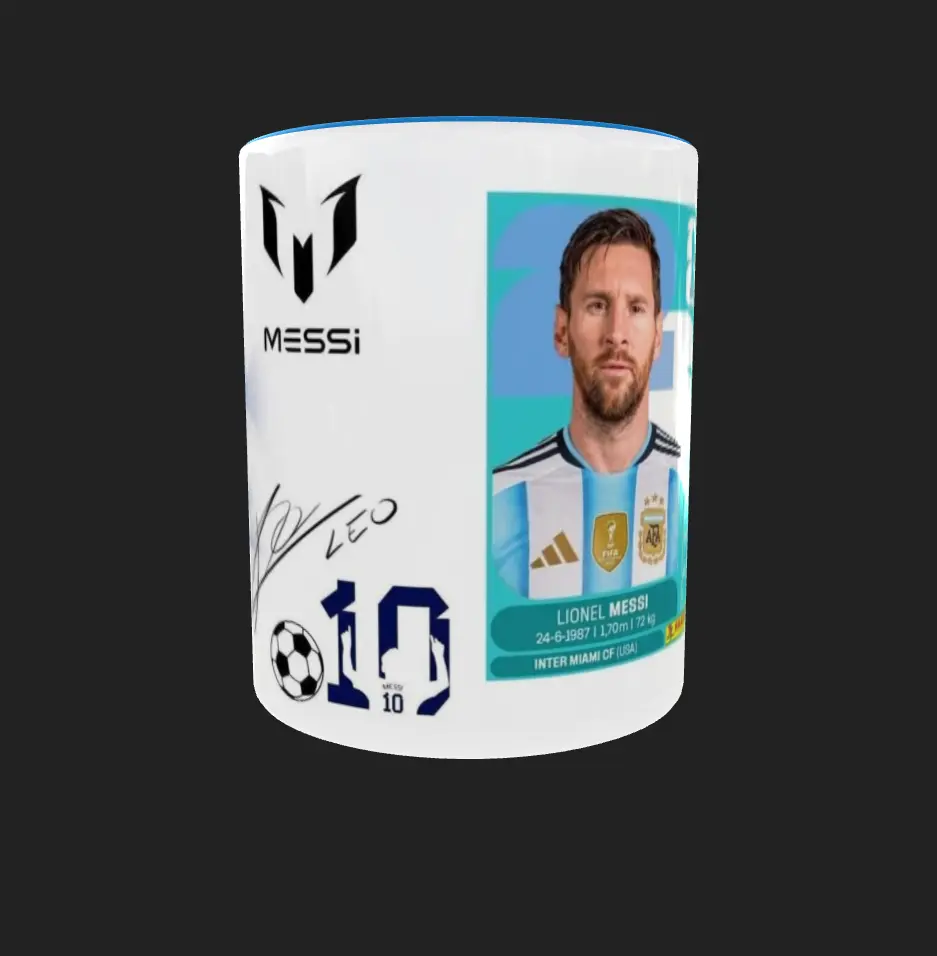 Plantilla de diseño para sublimación de mug con Lionel Messi besando la copa, firma y lámina coleccionable de fútbol.