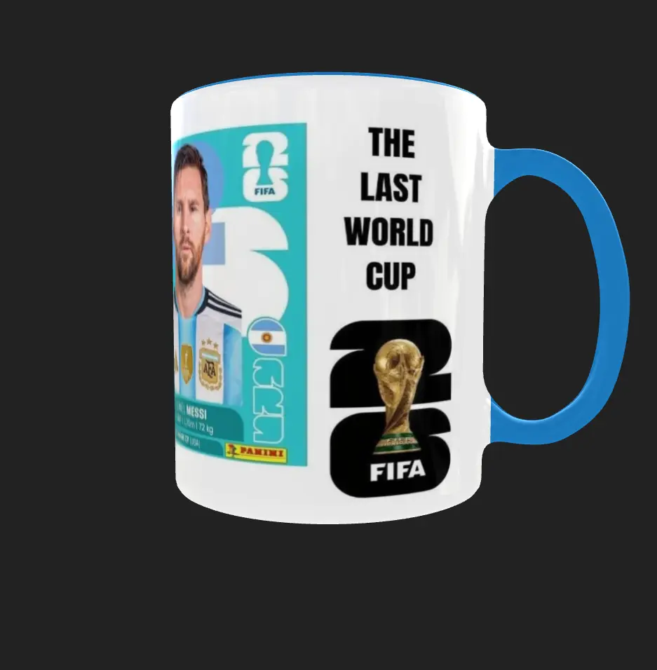 Plantilla de diseño para sublimación de mug con Lionel Messi besando la copa, firma y lámina coleccionable de fútbol.