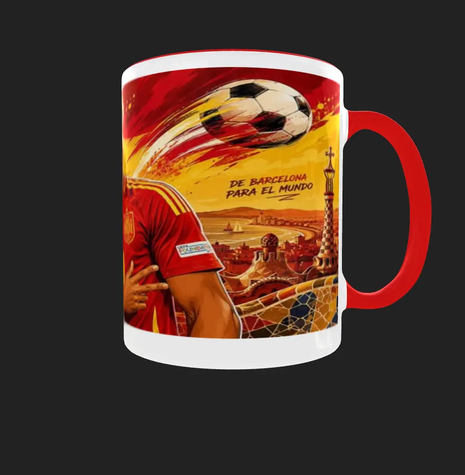 Vista frontal de un mug blanco con diseño ilustrado del futbolista Lamine Yamal con la camiseta de España para el Mundial 2026.
