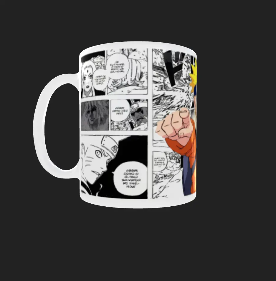 Mug blanco de cerámica estampado con Naruto Uzumaki a color y fondo de cómic manga.