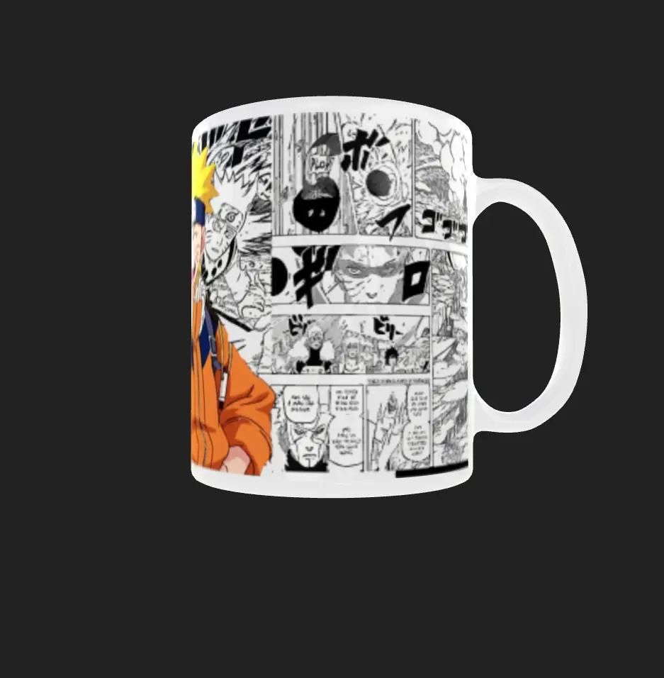 Mug blanco de cerámica estampado con Naruto Uzumaki a color y fondo de cómic manga.