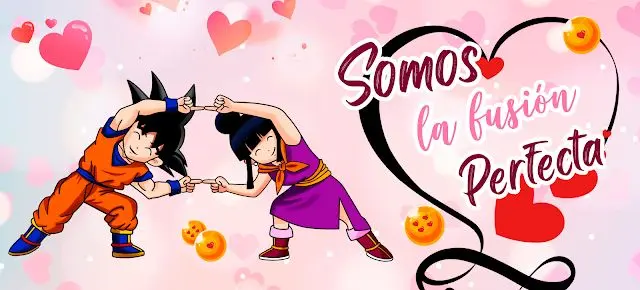 Mockup 3D de mug de cerámica rosado con ilustración de Goku y Milk haciendo la pose de fusión para Amor y Amistad.