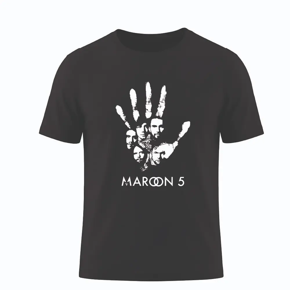Camiseta negra entallada para mujer con estampado blanco de huella de mano y rostros de Maroon 5.