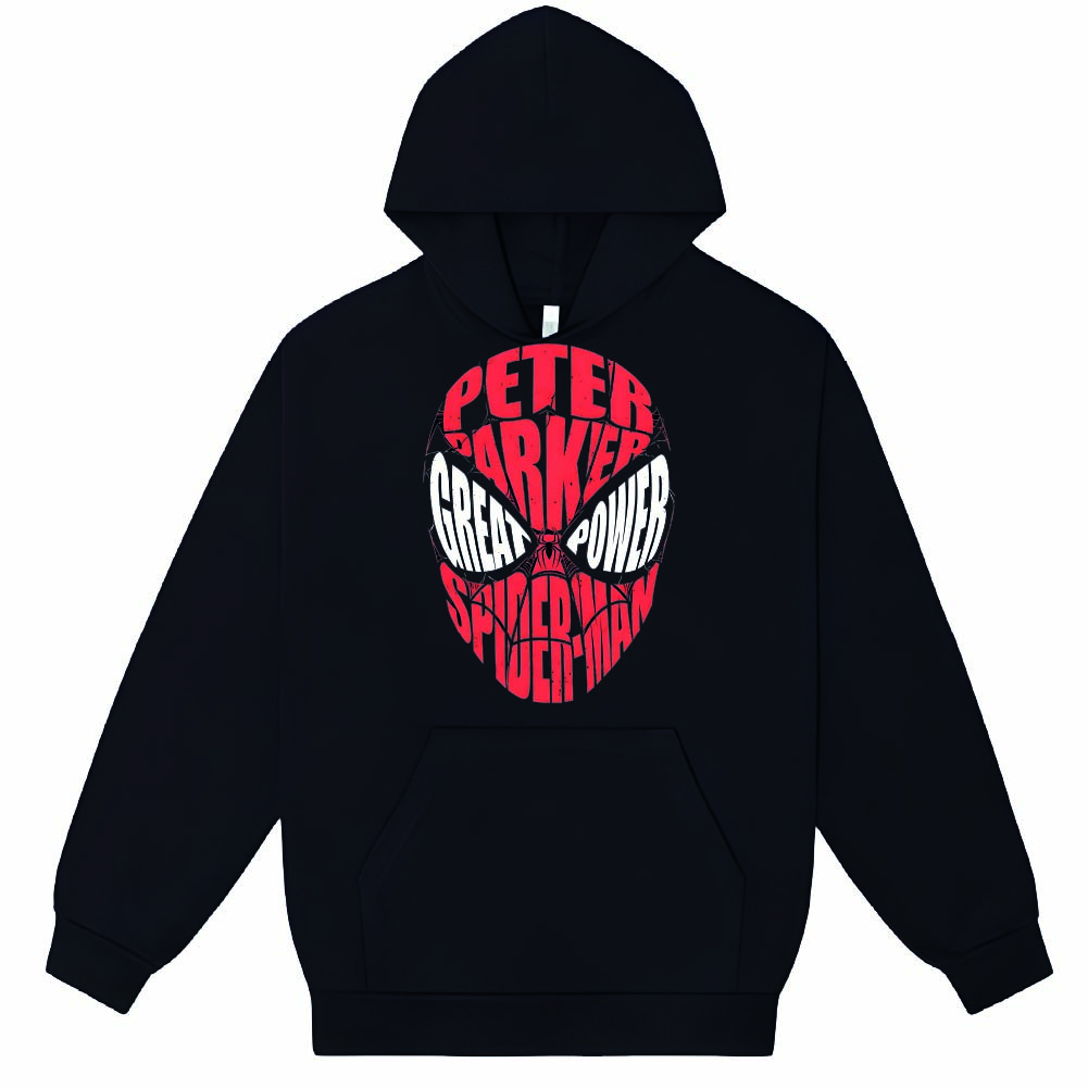 Buzo negro unisex con capota y bolsillo canguro estampado con la máscara tipográfica de Spider-Man en letras rojas y blancas.