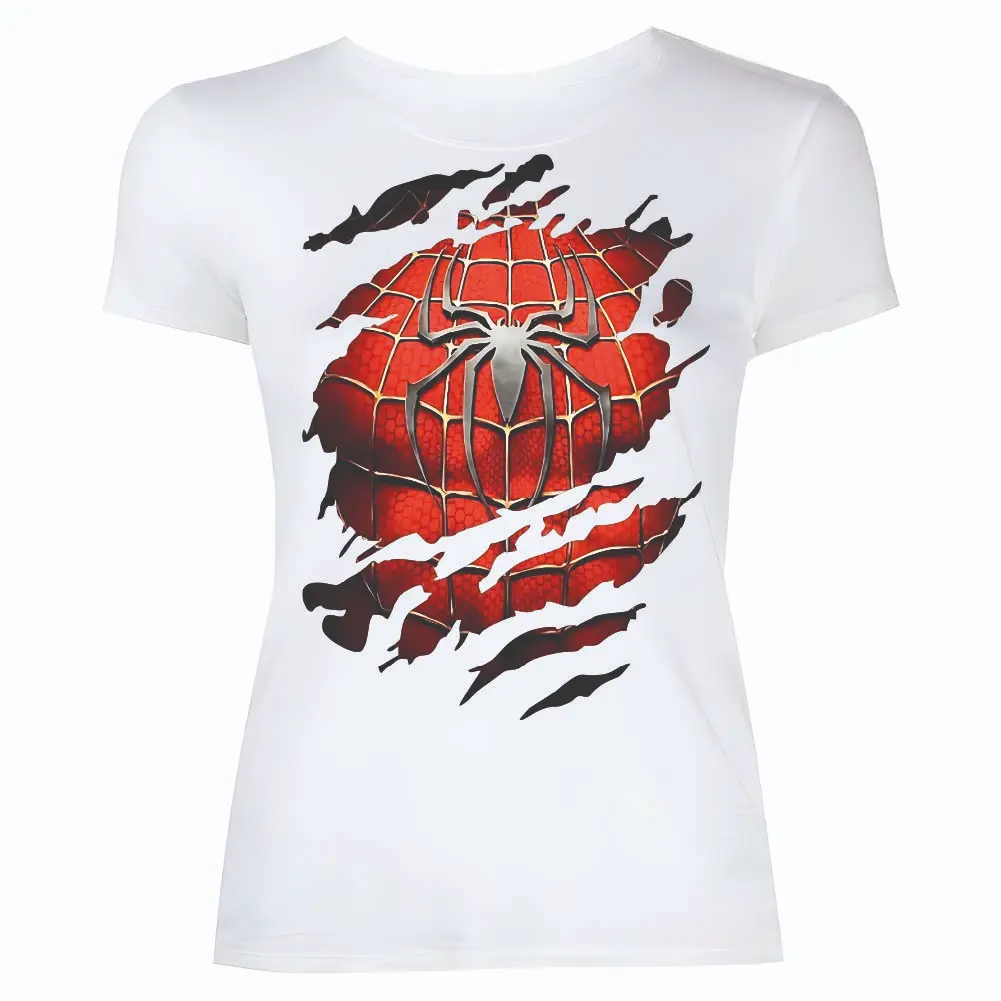 Camiseta blanca unisex con estampado de efecto rasgado que muestra el traje rojo y plateado de Spider-Man en el pecho.