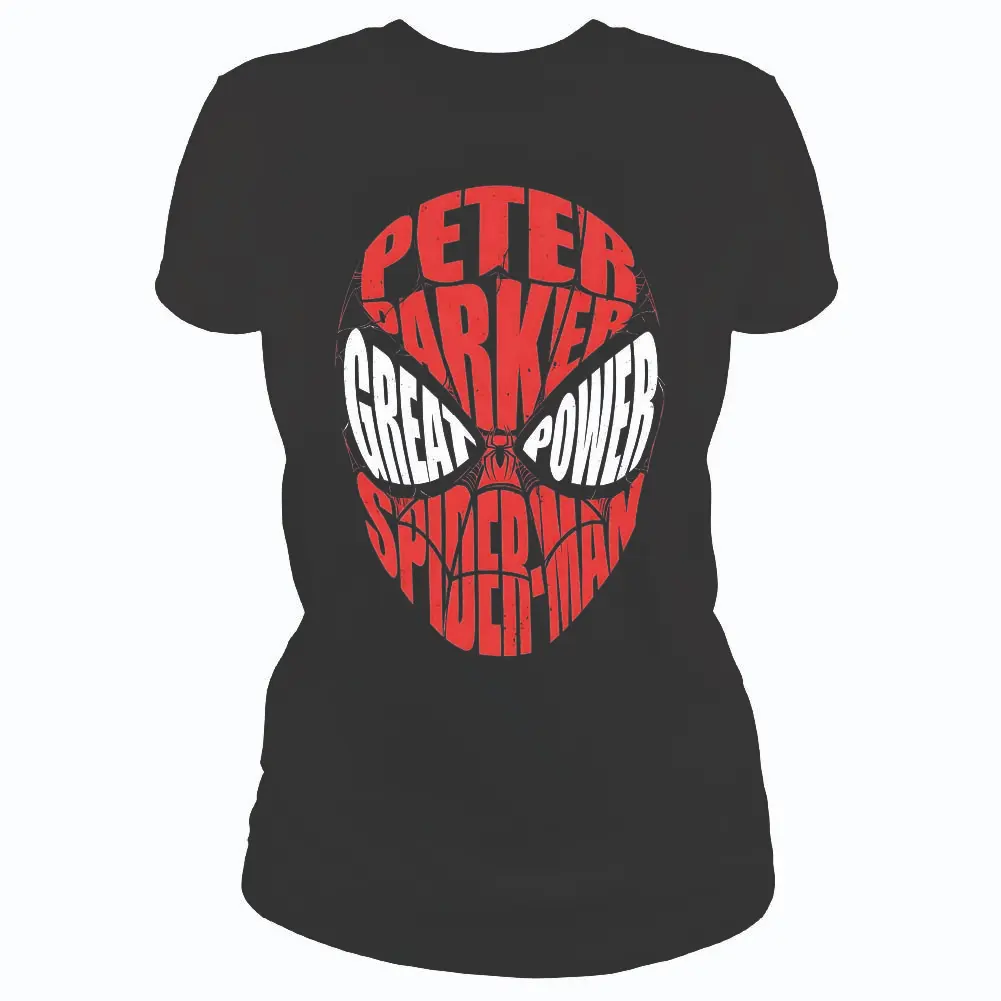 Camiseta negra estilo unisex estampada con diseño tipográfico en forma de máscara de Spider-Man en letras rojas y blancas.