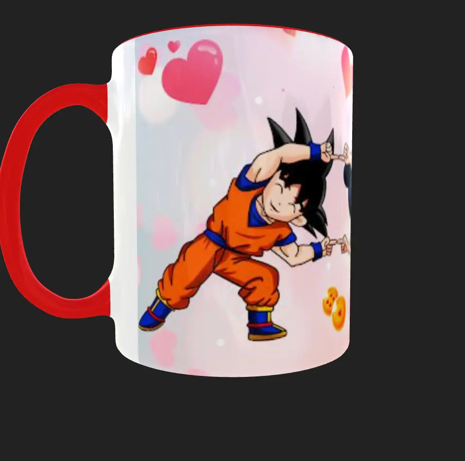 Mockup 3D de mug de cerámica rosado con ilustración de Goku y Milk haciendo la pose de fusión para Amor y Amistad.