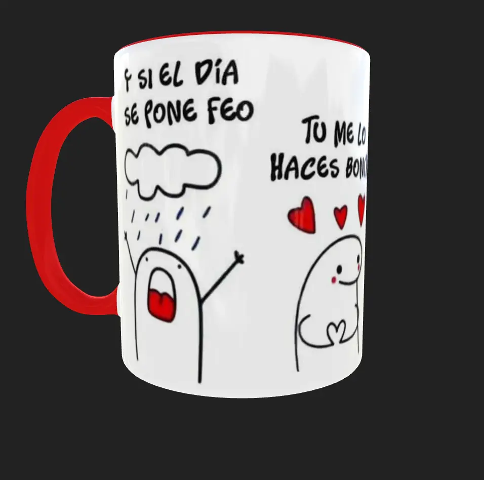 Mockup 3D de mug de cerámica con diseño de Flork y la frase Ya no pido más deseos para regalo de Amor y Amistad.