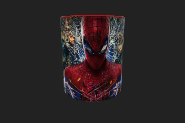 Pocillo de cerámica de Spider-Man visto de frente con interior y oreja de color rojo.