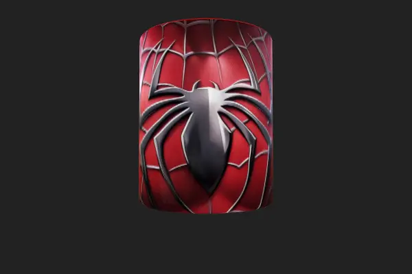 Vista frontal de mug de Spider-Man mostrando el emblema arácnido plateado en el pecho.