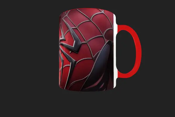Pocillo de Spider-Man visto desde el costado derecho mostrando las telarañas plateadas del traje.