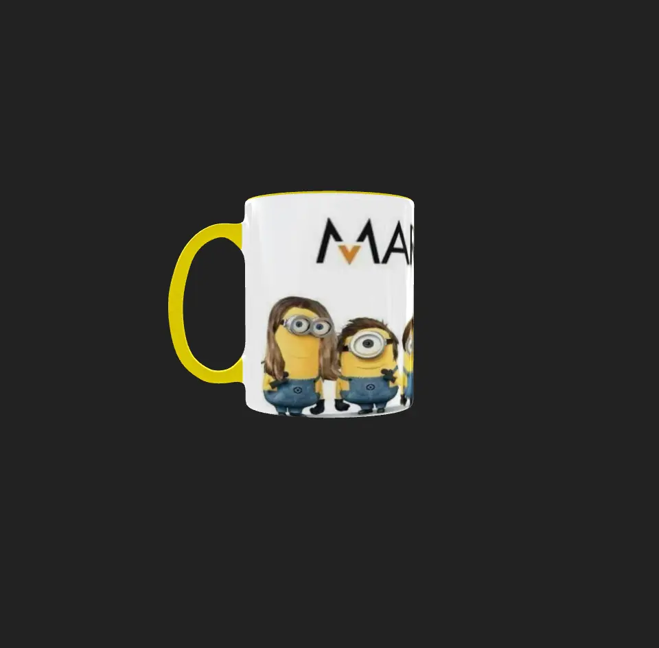 Pocillo de cerámica blanco con interior amarillo estampado con los Minions caracterizados como la banda Maroon 5.
